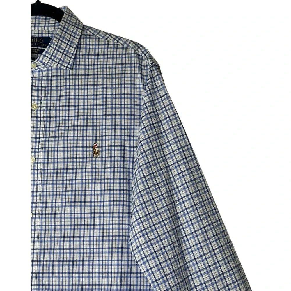 Polo Ralph Lauren Shirt Mens Large L Blue‎ Plaid Long Sleeve Cotton Pony